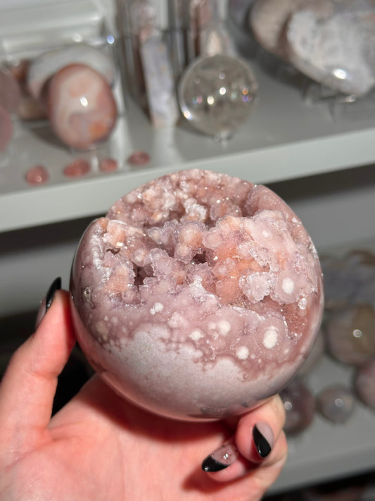 Brazilian pink amethyst x flower agate sphere with bubbly druzy cave
