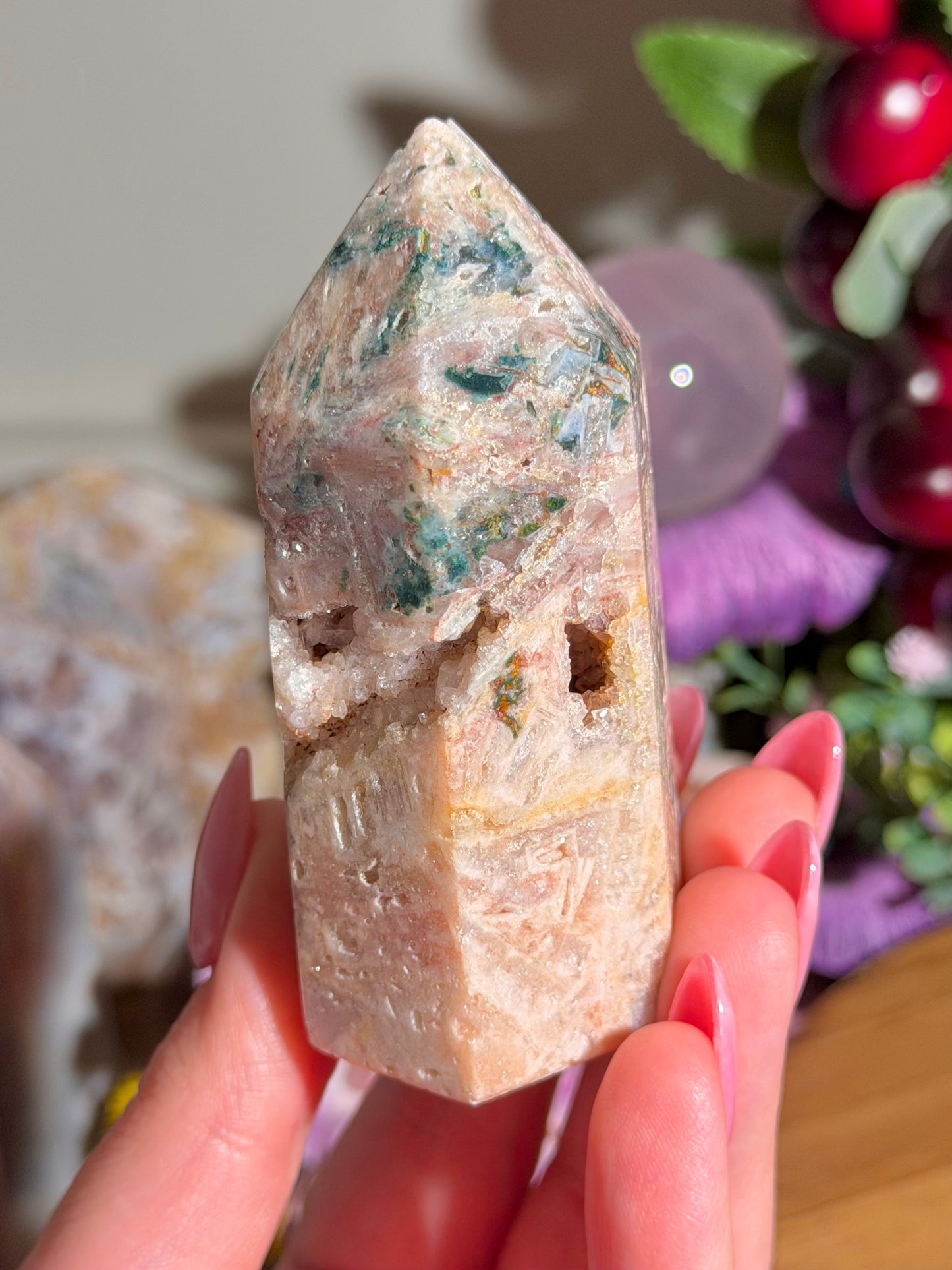 Fairy green jasper mixed with pink amethyst tower from Brazil