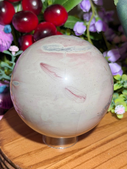 Pastel pink dendritic picture jasper sphere