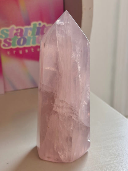 Glassy pink rose quartz tower