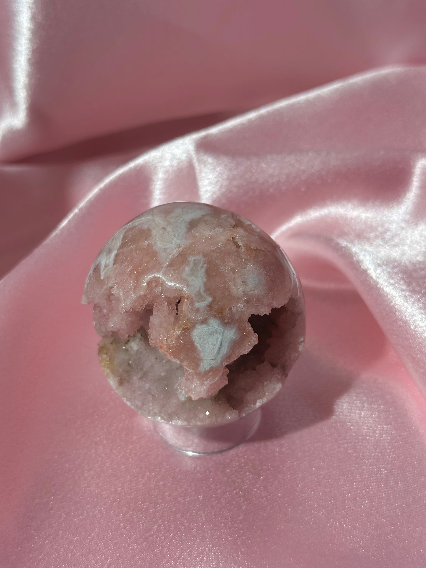 Brazilian pink amethyst sphere with unique bubbly druzy cave
