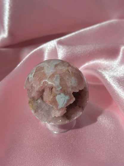 Brazilian pink amethyst sphere with unique bubbly druzy cave