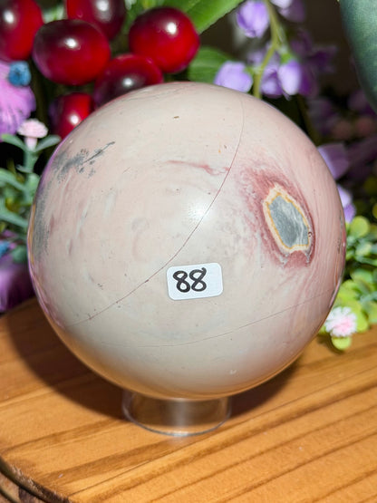 Pastel pink dendritic picture jasper sphere