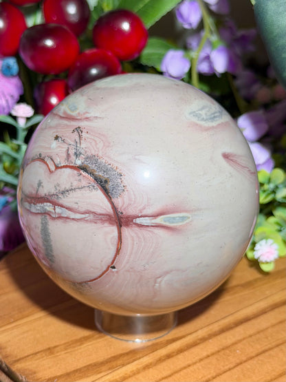 Pastel pink dendritic picture jasper sphere
