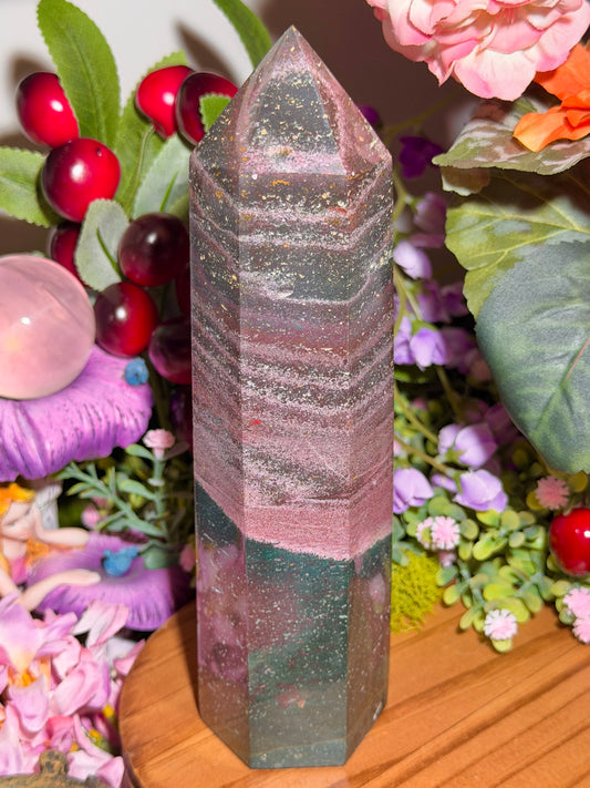 Pink and green sea jasper tower