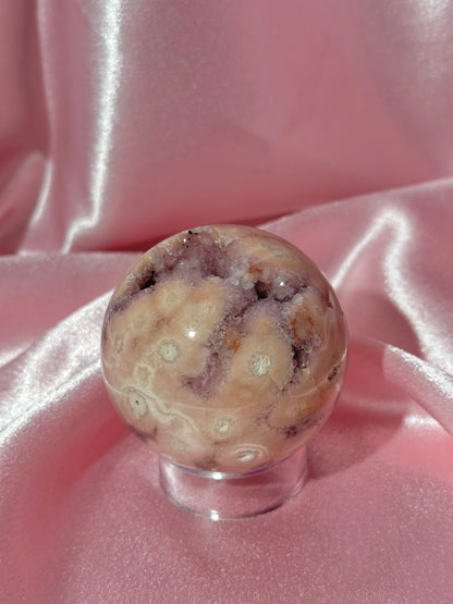 Brazilian pink amethyst x flower agate sphere with druzy cave