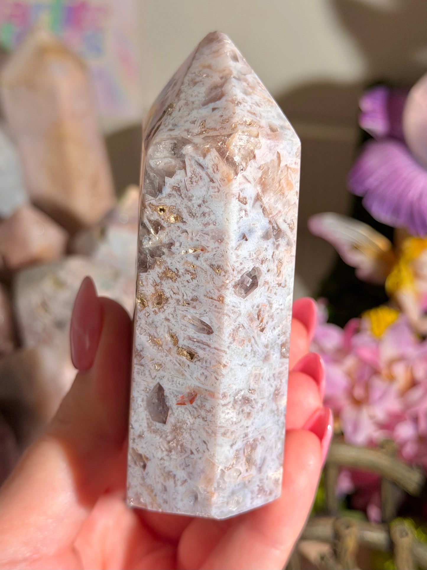 Mosaic pastel blue pink amethyst tower from Brazil