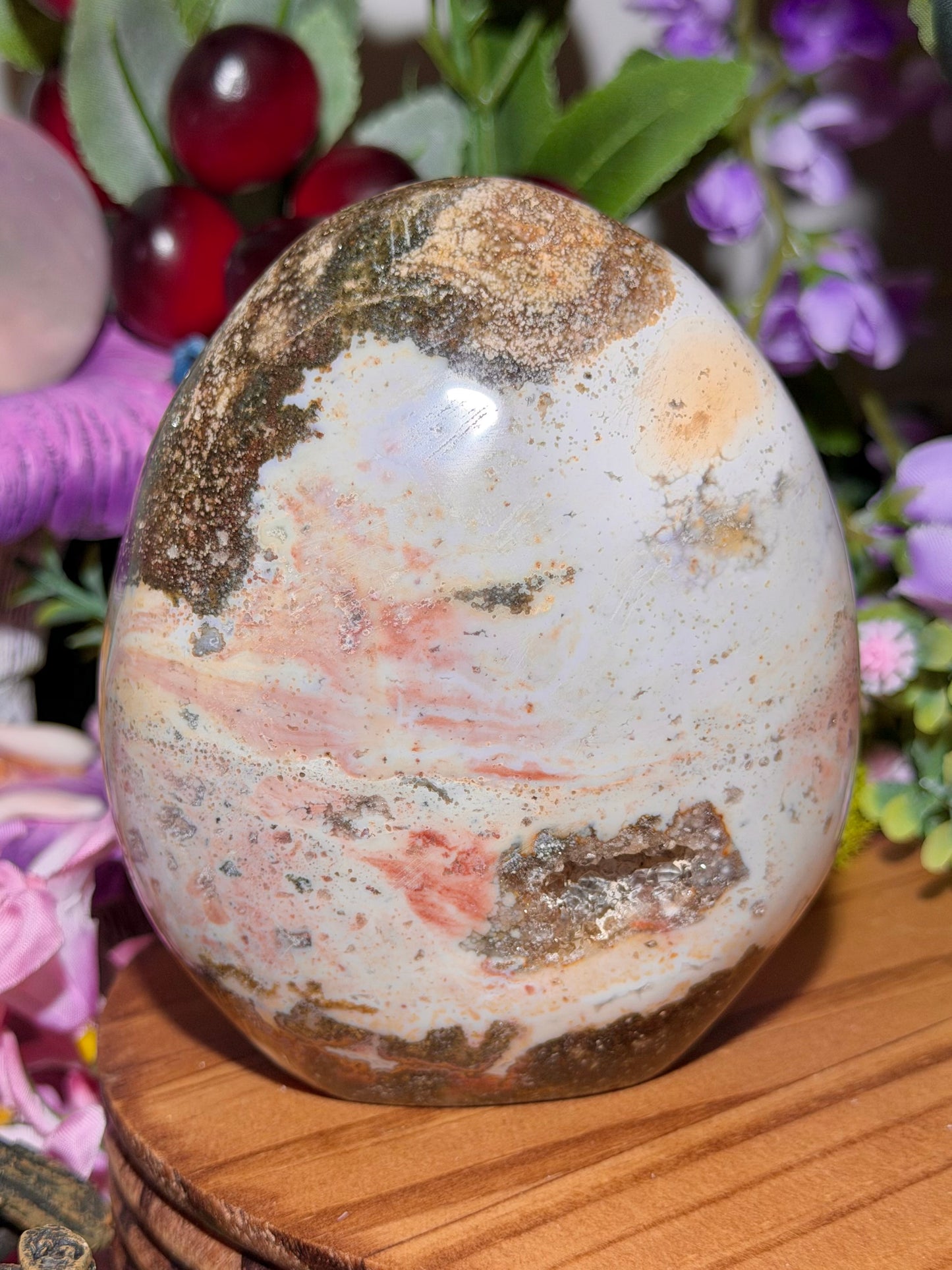 Pastel rainbow sea jasper freeform with quartz pocket