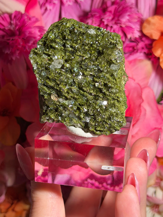 Fairy Quartz Epidote specimen on stand from Hakkari, Turkey