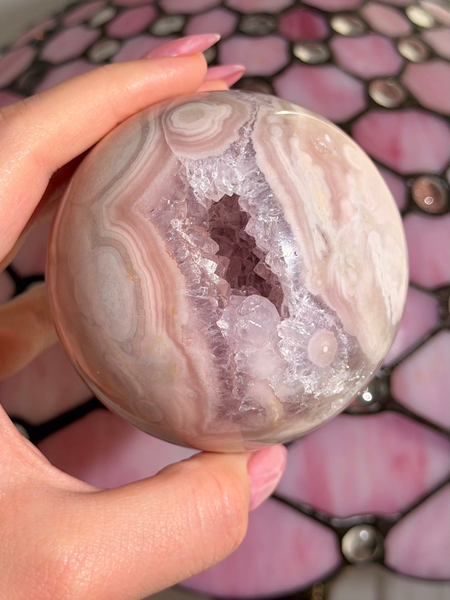 Quartzy Pink amethyst x flower agate sphere