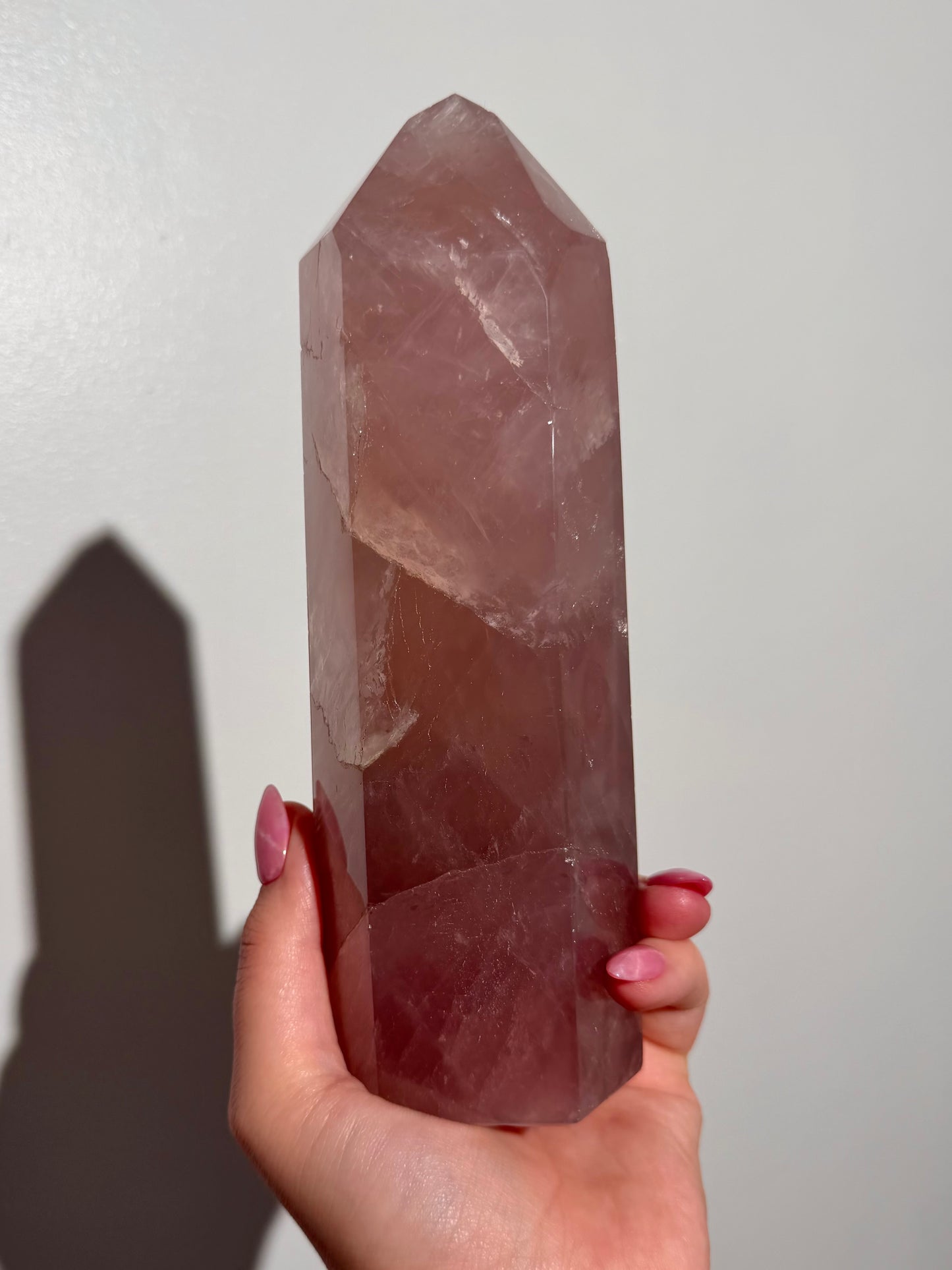 Large Purple-toned glossy rose quartz tower