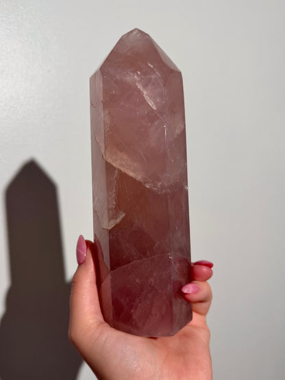 Large Purple-toned glossy rose quartz tower