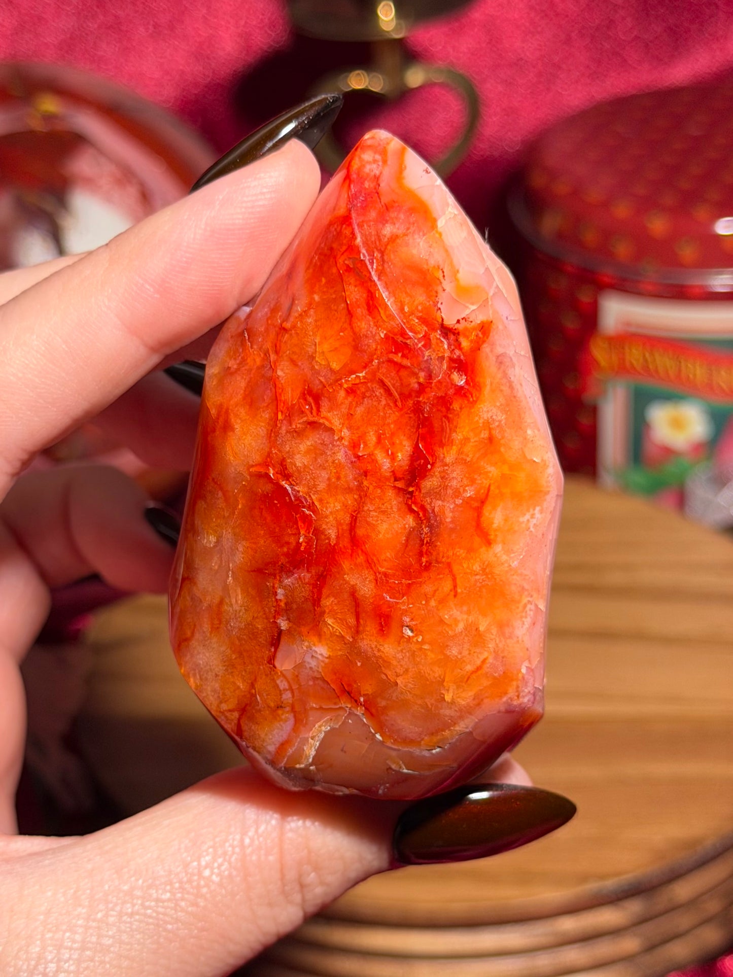 Pastel pink carnelian flame with quartz