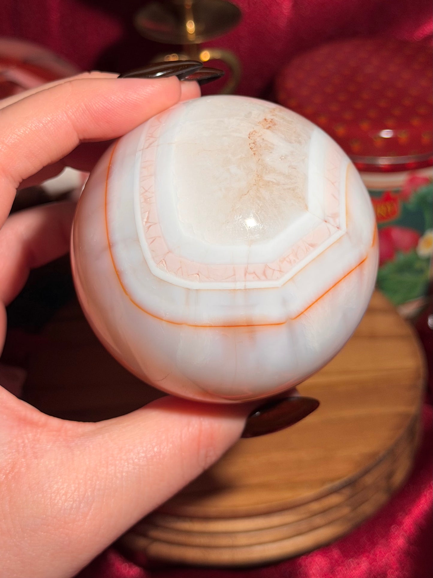 Pastel cool toned pink carnelian sphere with quartz 75mm