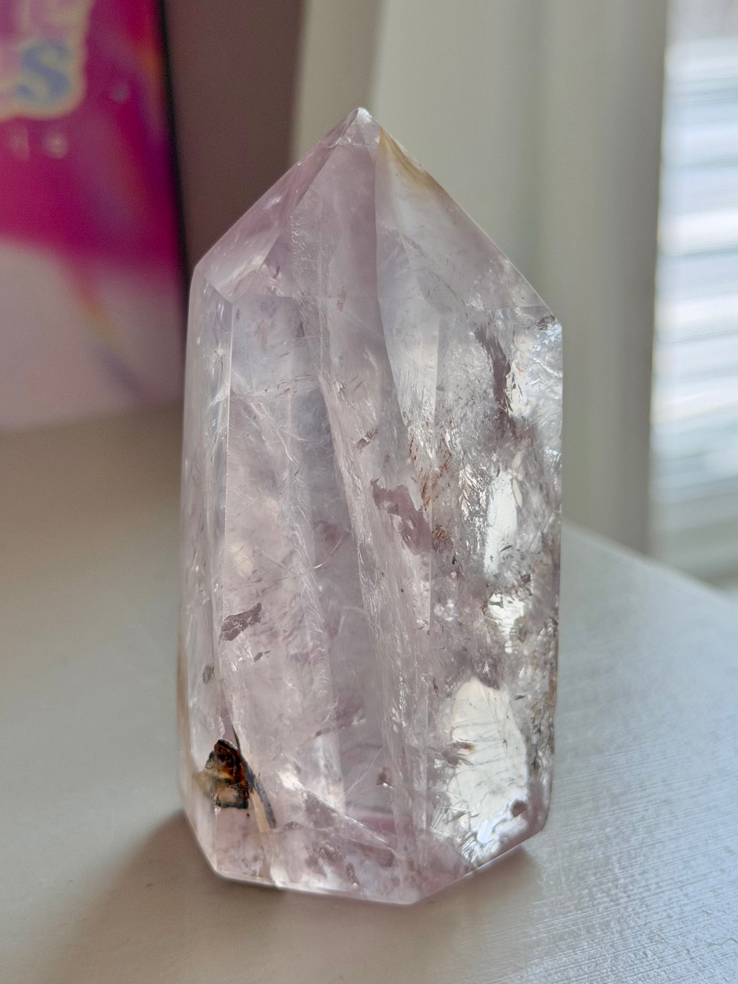 Icy rose quartz tower with dendrites