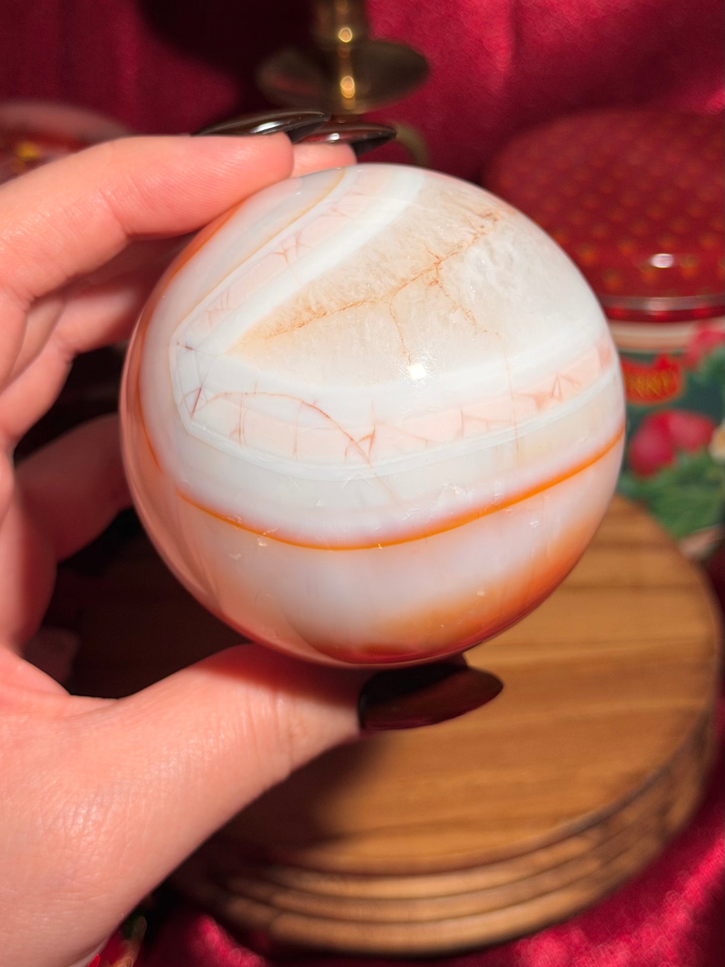 Pastel cool toned pink carnelian sphere with quartz 75mm