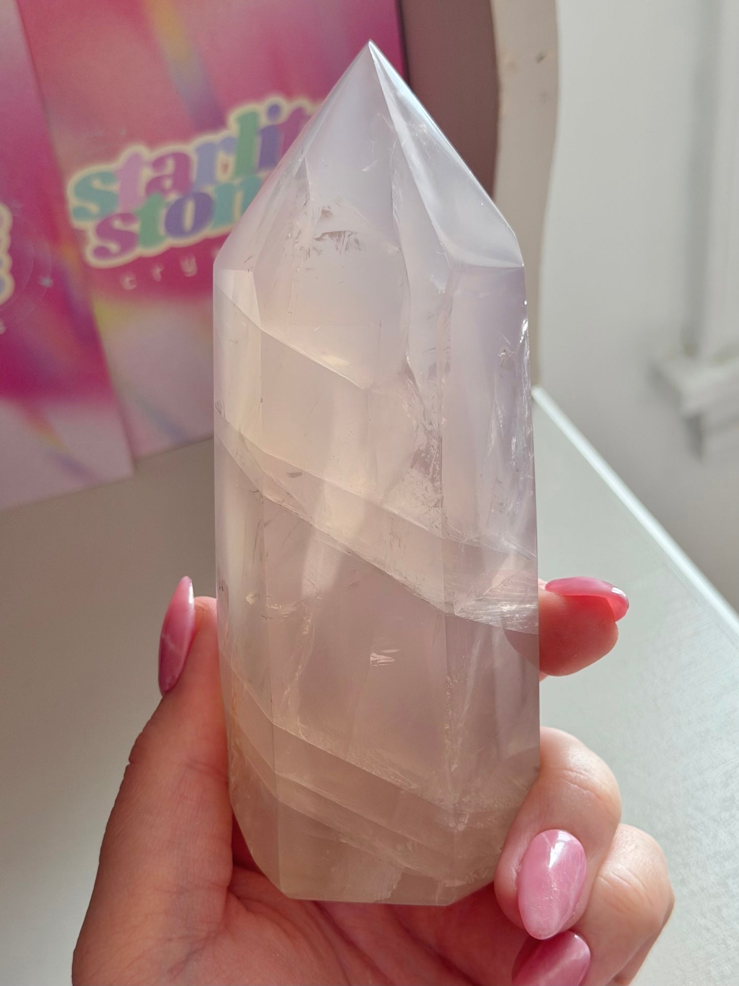 Ethereal icy blue rose quartz tower