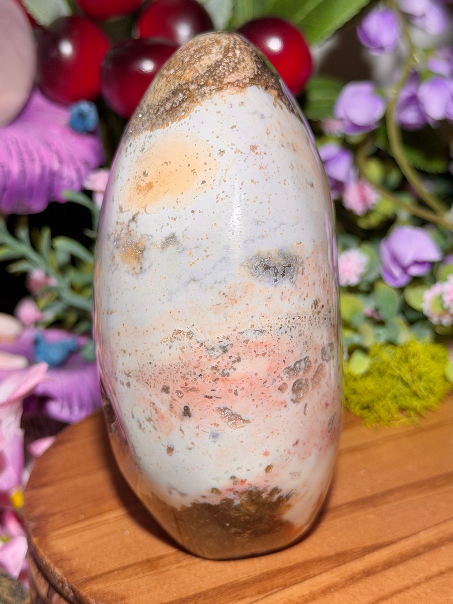 Pastel rainbow sea jasper freeform with quartz pocket