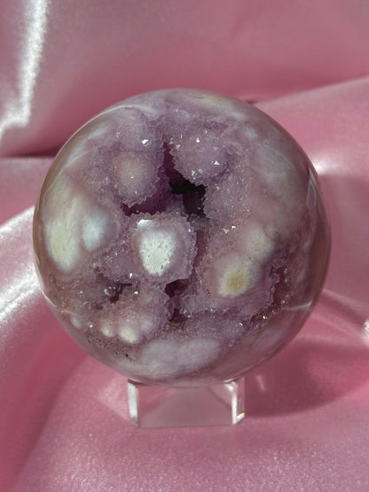 Brazilian pink amethyst x flower agate sphere with druzy cave