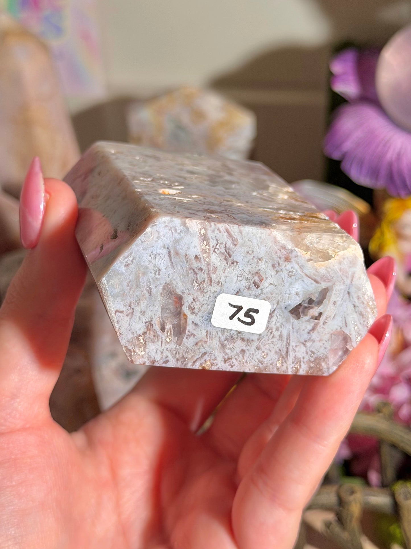 Mosaic pastel blue pink amethyst tower from Brazil