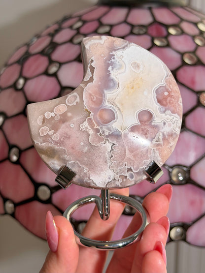 Pink amethyst x flower agate moon on stand