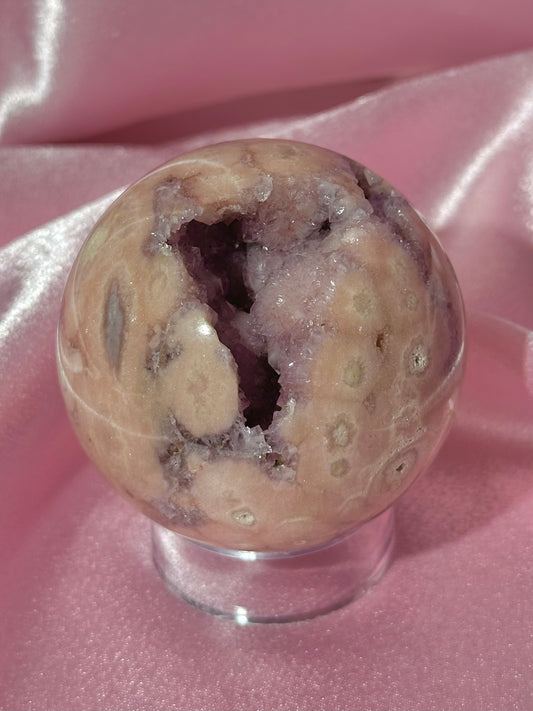 Brazilian pink amethyst x flower agate sphere with druzy cave