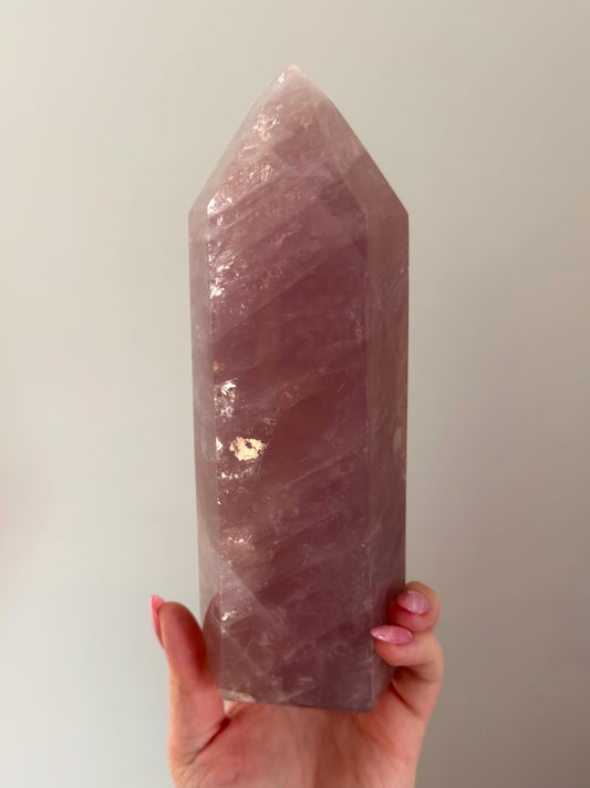 Statement Glassy Purple-toned star rose quartz tower with bright “rainbow” asterism & golden healer