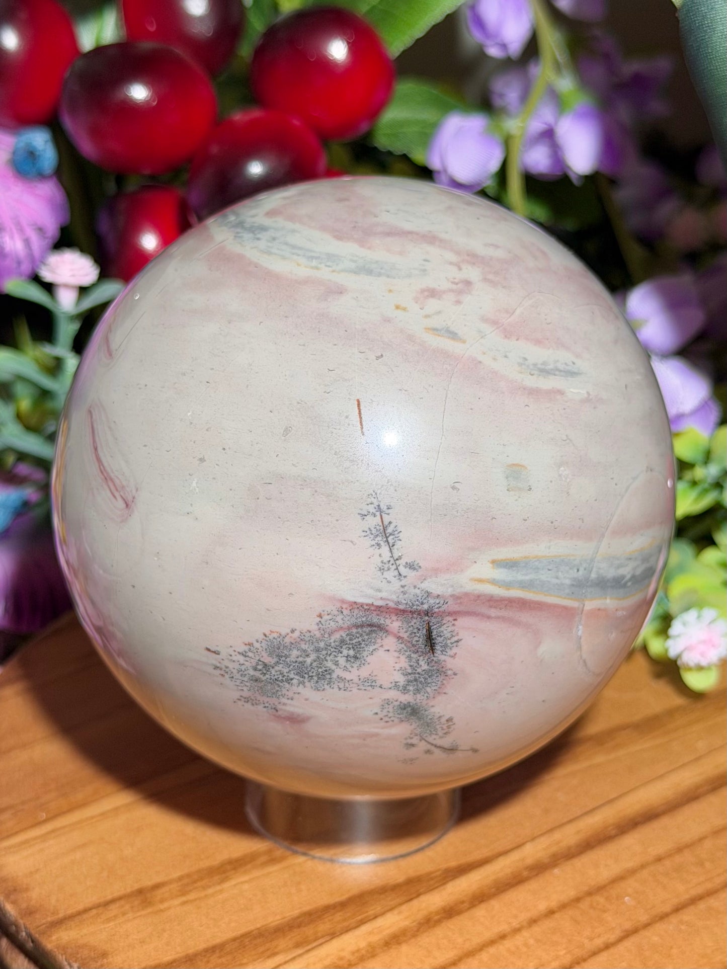 Pastel pink dendritic picture jasper sphere