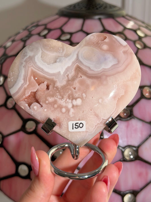 Large Pink amethyst x flower agate heart on stand