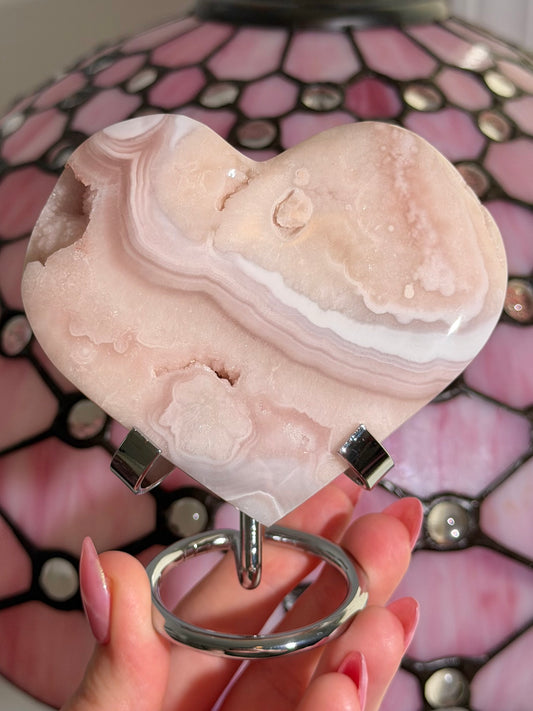Large Pink amethyst x flower agate heart on stand