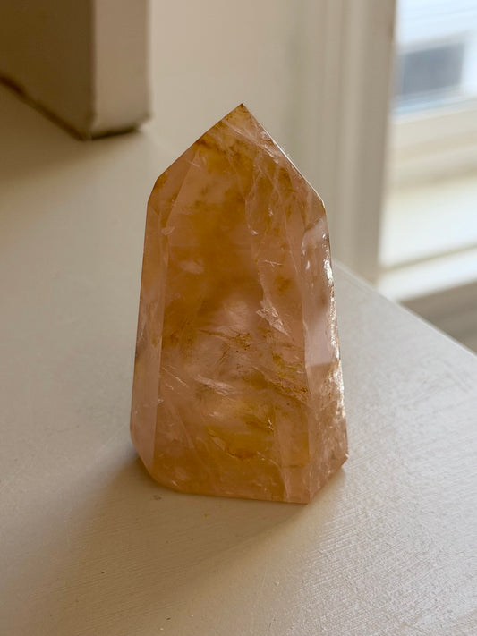 HQ Brazilian rose quartz x golden healer mini tower