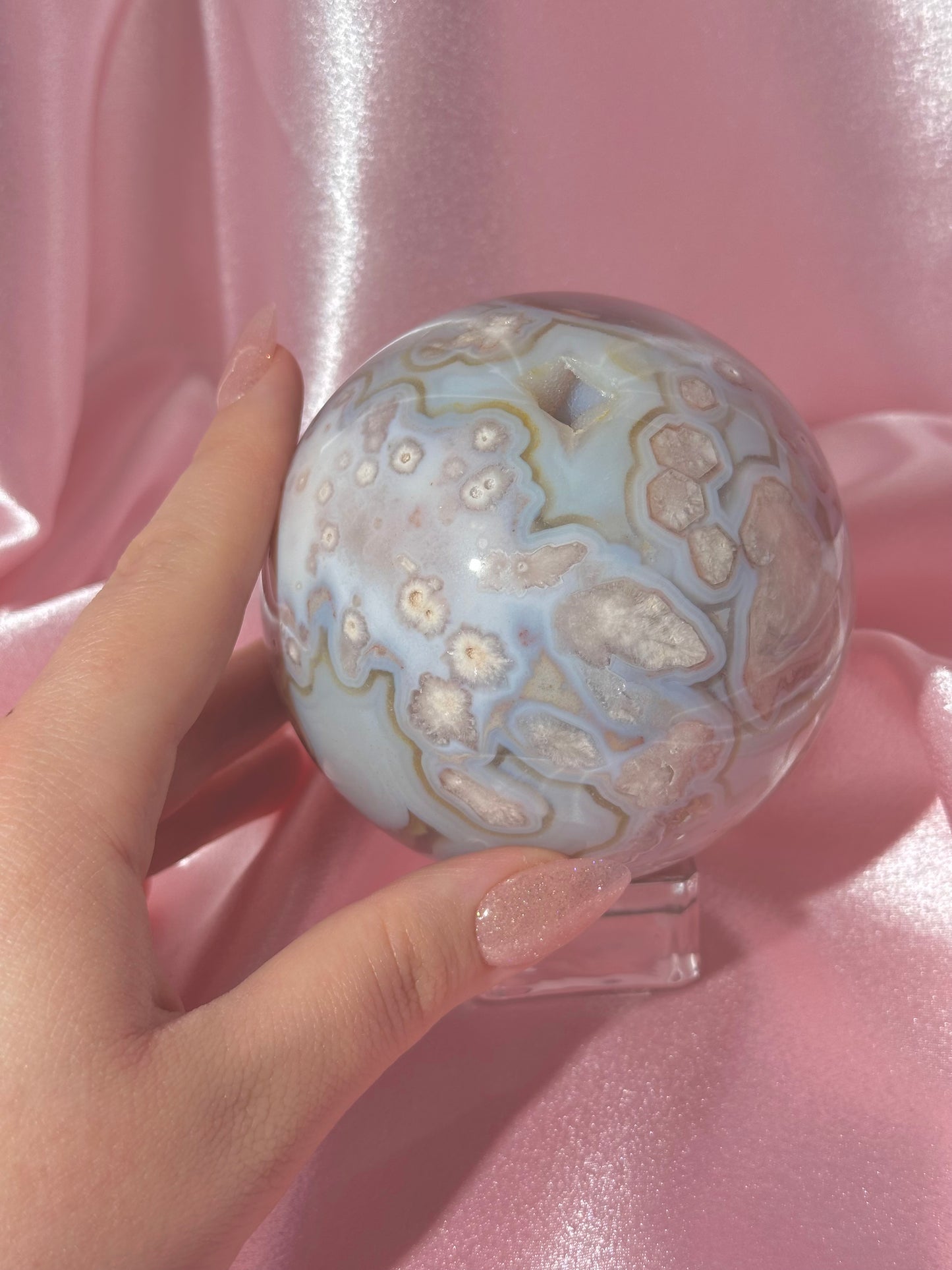 Blue pastel flower agate sphere from Madagascar