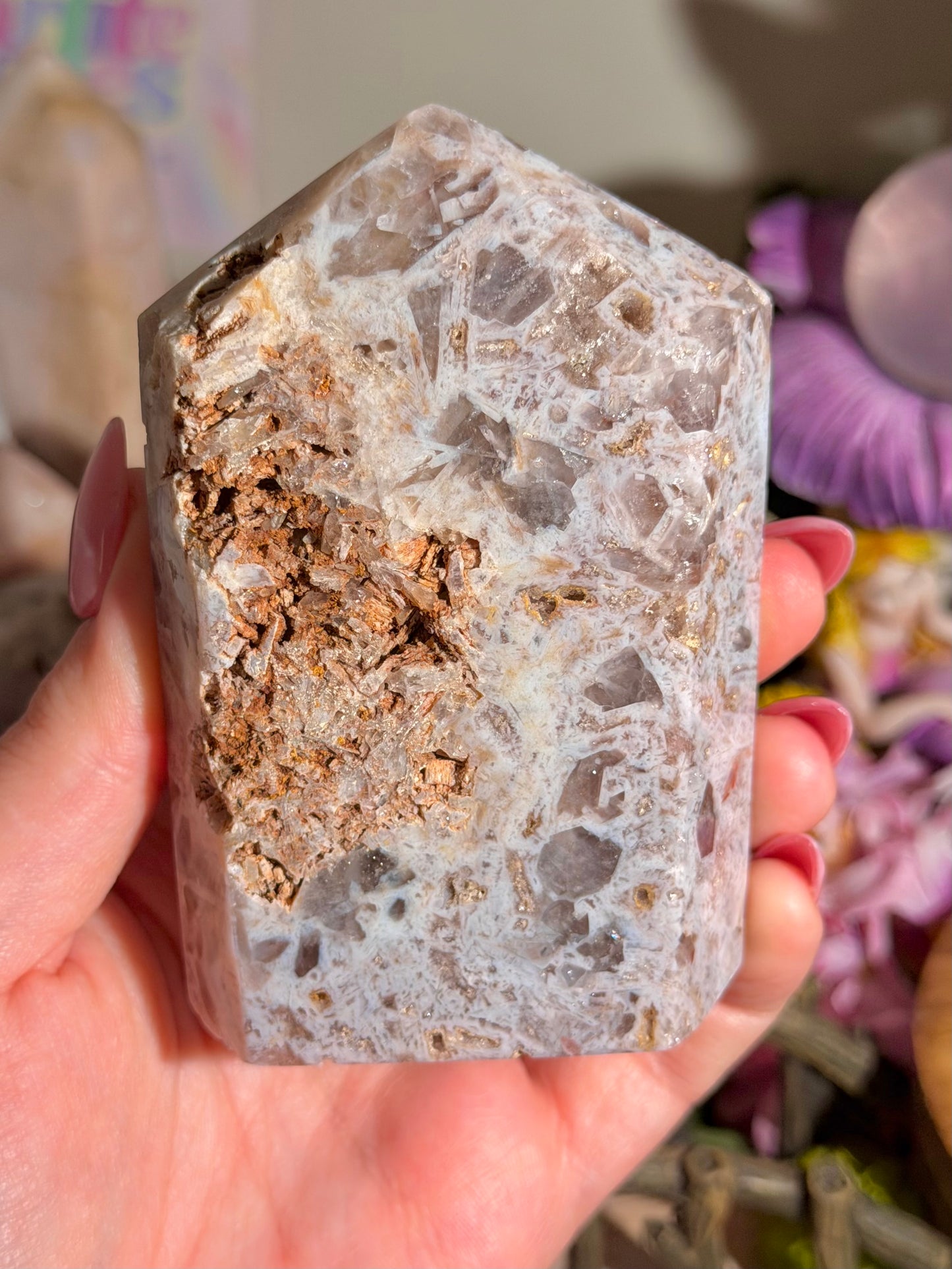 Mosaic pastel blue pink amethyst tower from Brazil