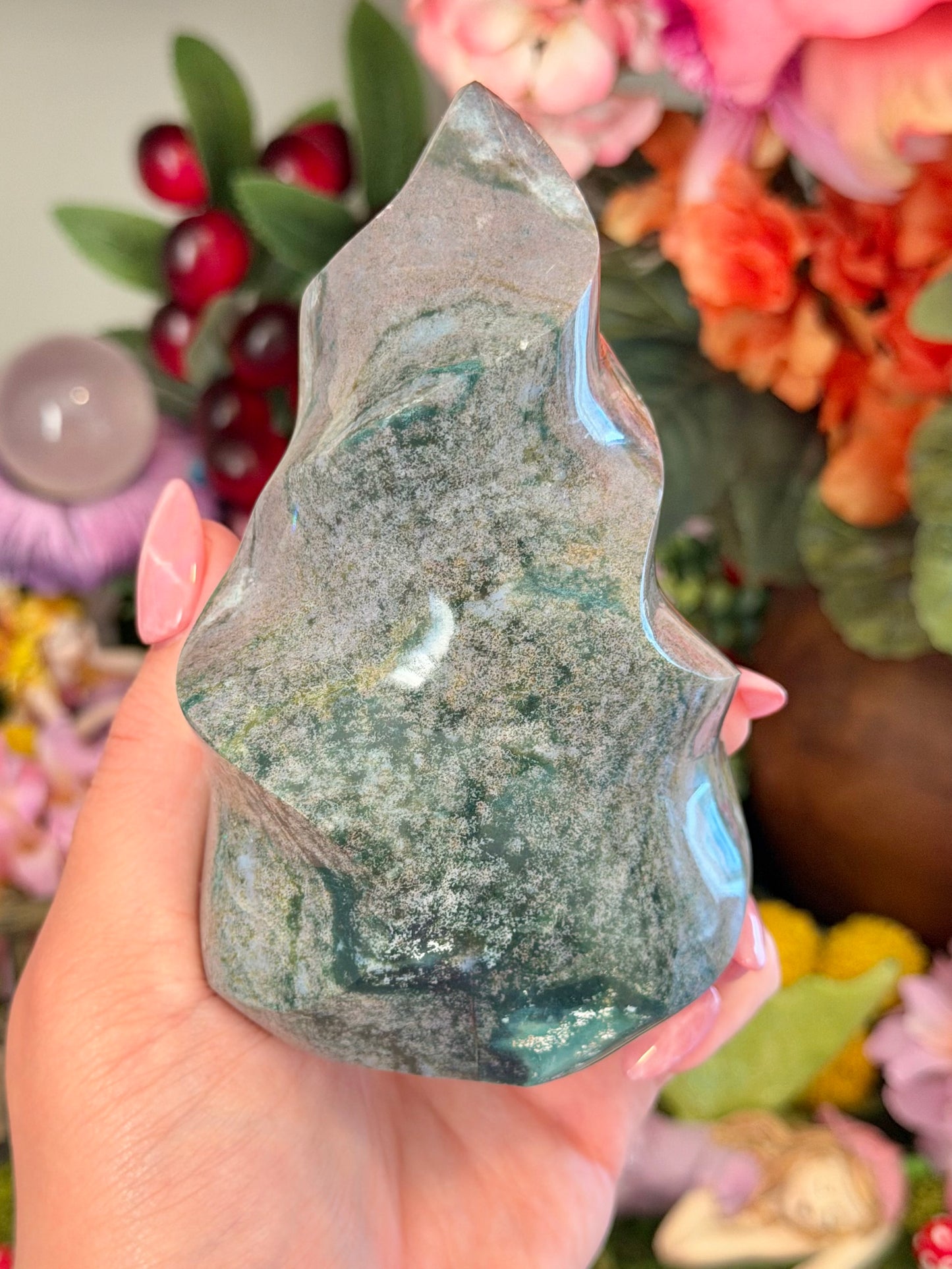 Lilac and green sea jasper flame