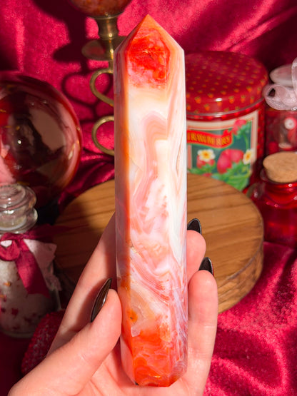 Strawberry pink banded carnelian tower