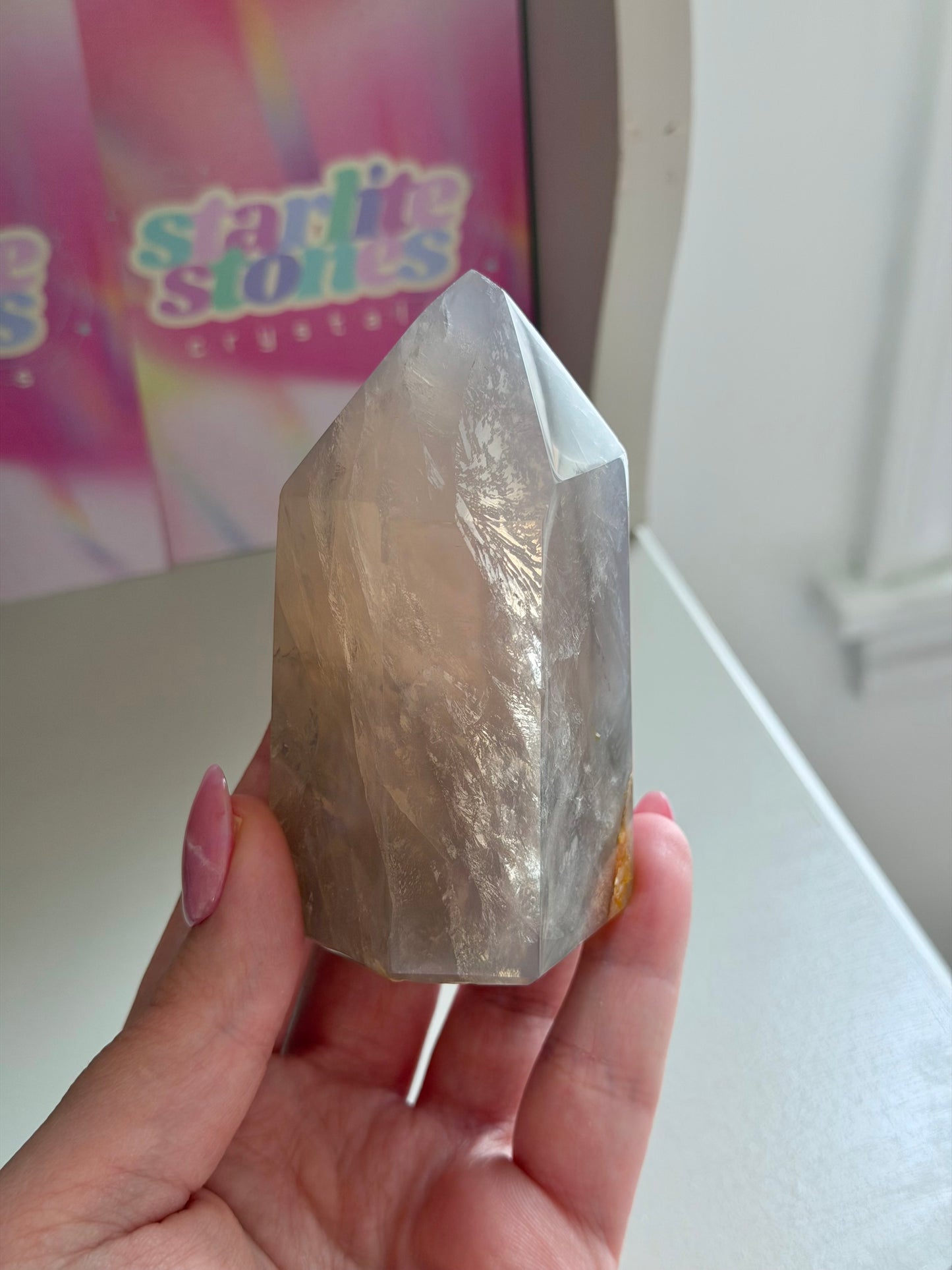 Blue rose quartz tower