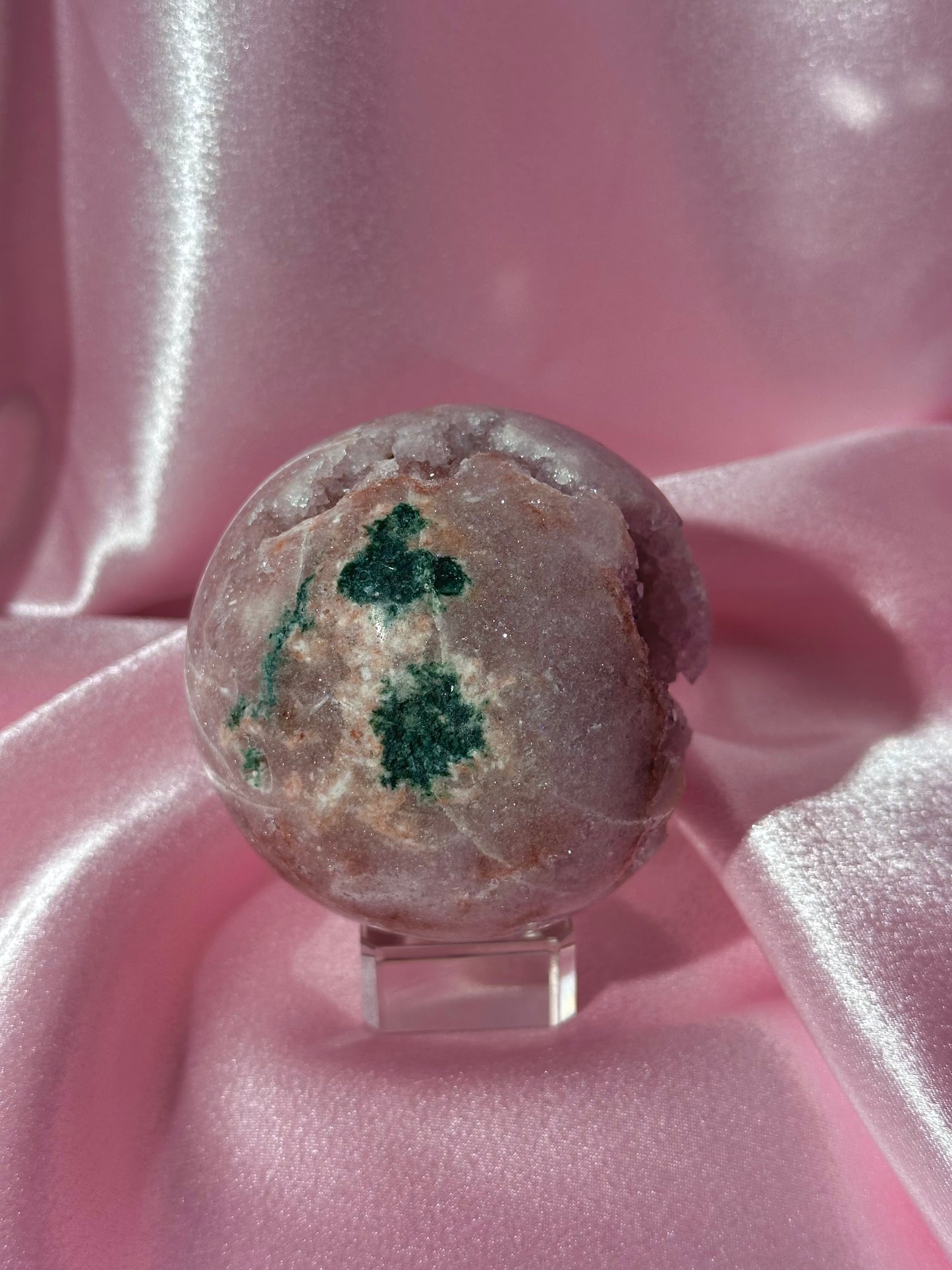 Brazilian pink amethyst x flower agate sphere with bubbly druzy cave