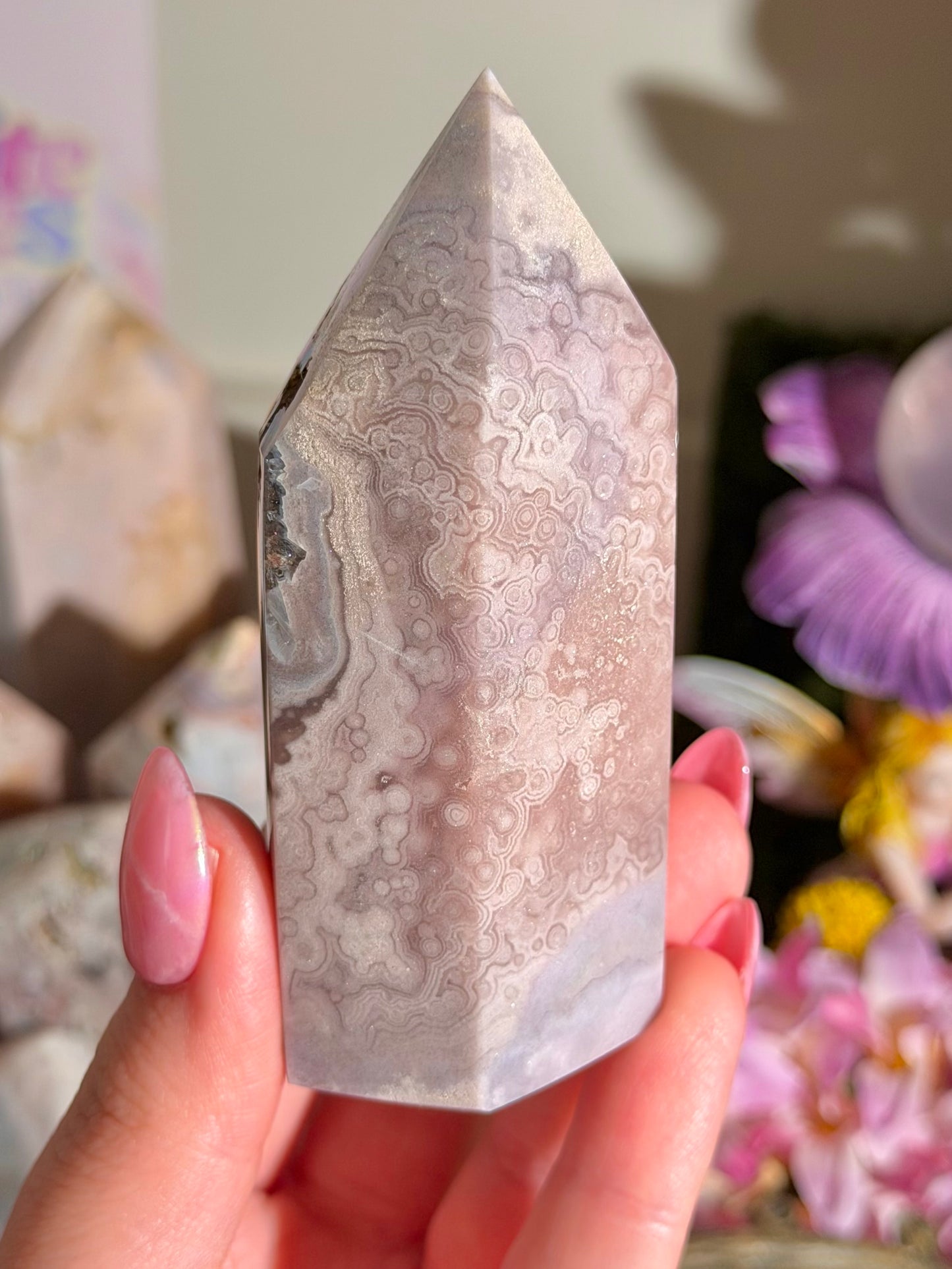 Orbicular pastel purple pink amethyst tower from Brazil