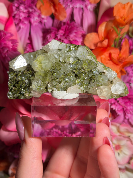 Fairy Quartz Epidote specimen on stand from Hakkari, Turkey