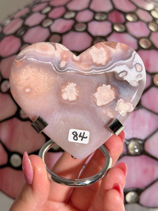 Pink amethyst x flower agate heart on stand