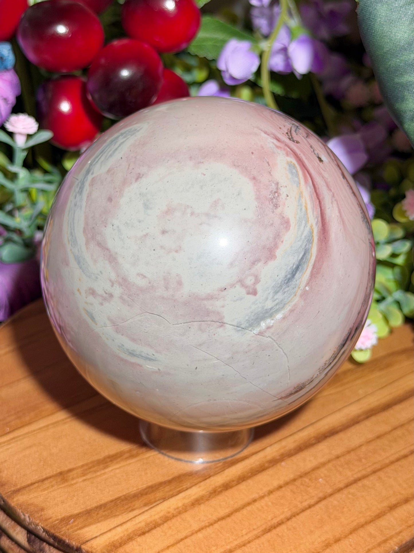Pastel pink dendritic picture jasper sphere