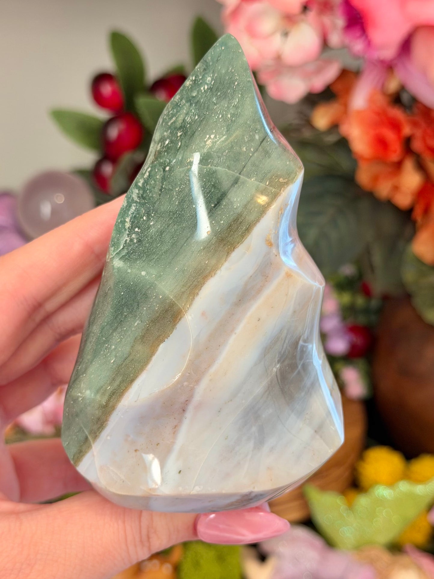 Lilac and green pastel sea jasper flame
