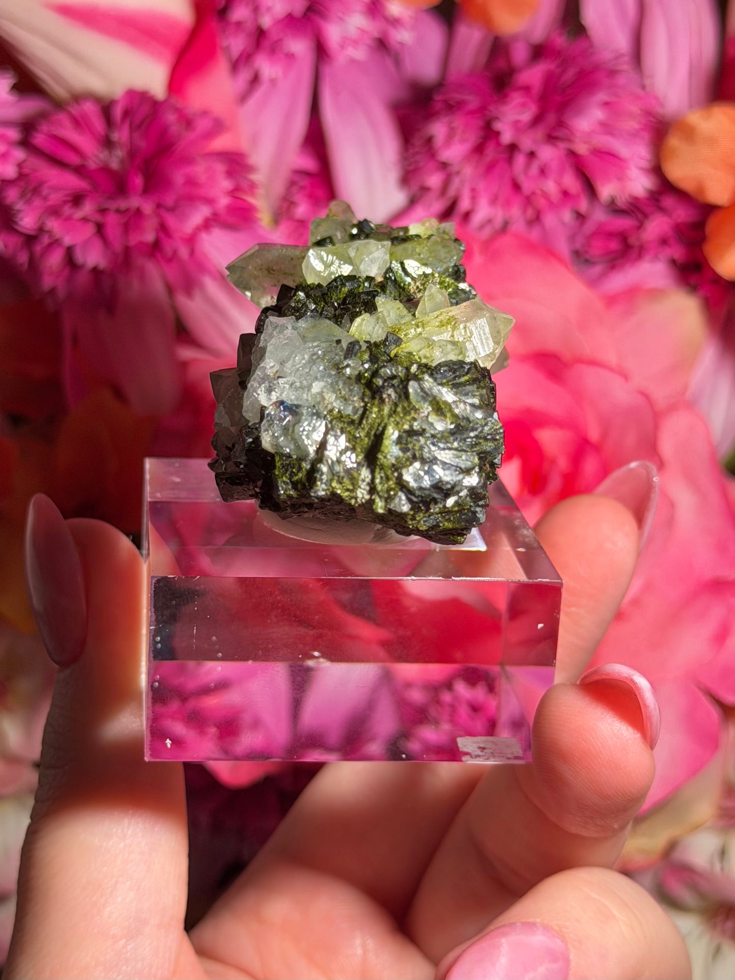 Fairy Quartz Epidote specimen on stand from Hakkari, Turkey