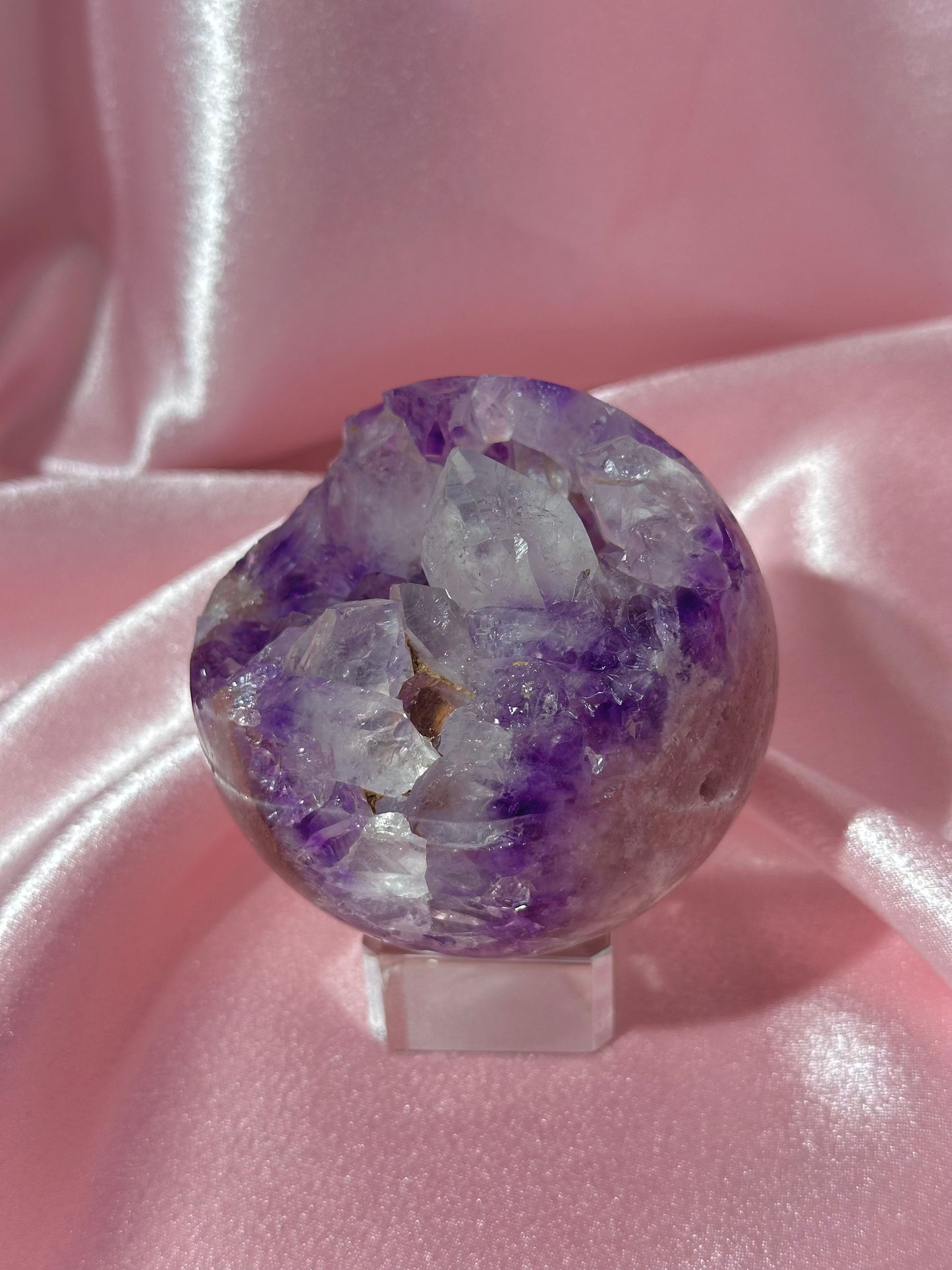 Grape jelly purple Brazilian pink amethyst sphere with unique quartz caves