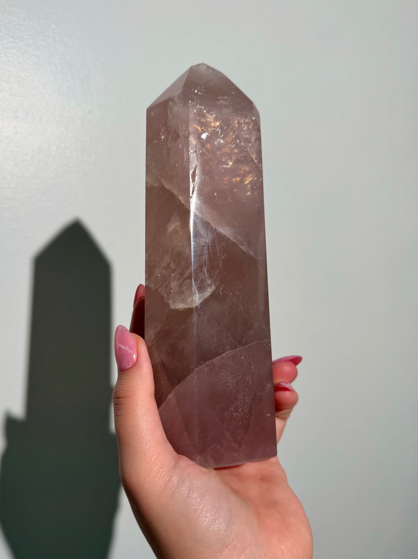 Large Purple-toned glossy rose quartz tower