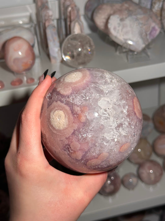 Statement Brazilian pink amethyst x flower agate sphere with sparkly quartz