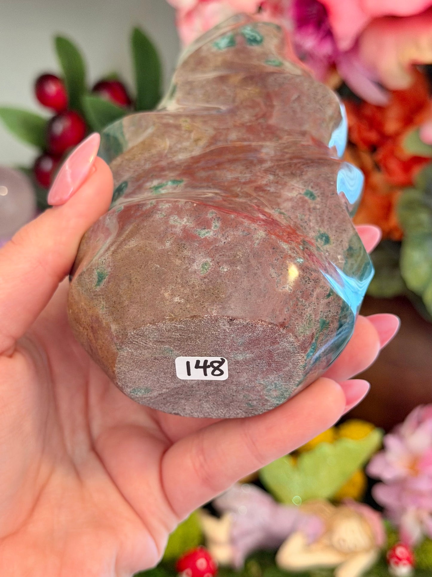 Strawberry pink and green sea jasper flame