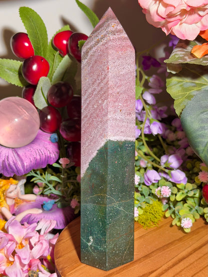 Pink and green sea jasper tower