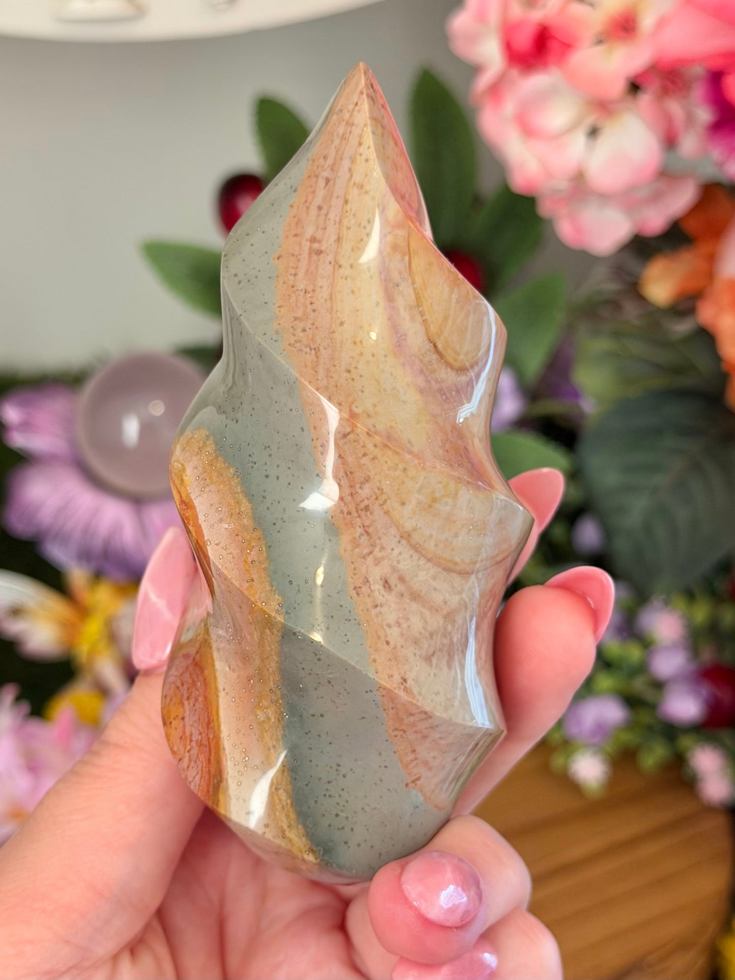 Pink and blue polychrome jasper twisty flame