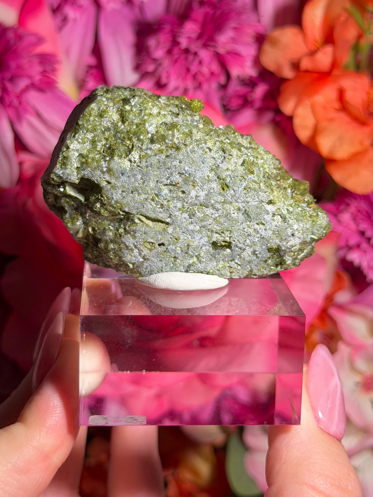 Fairy Quartz Epidote specimen on stand from Hakkari, Turkey